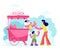 Mother Buying Ice Cream Cone with Colored Balls Dessert to Little Son Holding Air Balloon in Hand in Stall on Street or Park