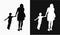 Mother in casual clothes walks holding a little boy by the hand white and black vector silhouette on transparent background