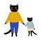 Mother Cat and her Kitten Standing and Holding Hands, Loving Parent Animal and Adorable Child Humanized Characters