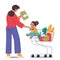 Mother Character And Her Young Daughter Comfortably Seated In A Shopping Cart, Sharing Smiles, Vector Illustration