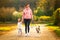 Mother and child and beagle walking on countryside road between agricultural fields towards vilage from forest