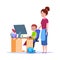 Mother and child at computer. Mom helping boy with homework. Cartoon school education vector concept