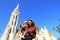 Mother and child in front of Matthias Church in Budapest