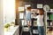 Mother and child girl hang their drawings on wall