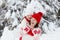 Mother and child in knitted winter hats in snow