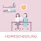 Mother and child. Mom helping girl with homework. Cartoon school education vector concept. Illustration of mother and child,