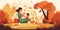 Mother and Child Picnic: Flat illustration of mother and child enjoying a picnic in the park with playful shapes and colors