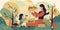Mother and Child Picnic: Flat illustration of mother and child enjoying a picnic in the park with playful shapes and colors