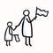 Mother and Child Stick Figure People Waving Flag. Hand Drawn Isolated Human Doodle Icon Motif. Clip Art Element. Black White For