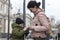 Mother and child at the train station. Internally displaced persons