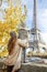 Mother and child travellers looking on Eiffel Tower in Paris