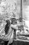 Mother and child travellers looking on Eiffel Tower in Paris