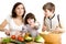 Mother and children cooking at the kitchen