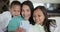 Mother, children and selfie in home for siblings love or bonding connection, social media or happy. Woman, daughters and