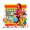 Mother With Children Shopping in Hypermarket Vector Characters