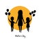 Mother and children silhouette, boy and girl walking with balloons together holding hands, happy mothers day isolated vector illus