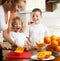 Mother with children squeezed orange juice