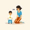 Mother communicating with son who has autism, flat vector illustration isolated.