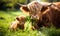 A mother cow and her calf peacefully grazing in a green field