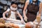 Mother and daughter are baking bread from home