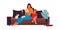 Mother and daughter with cat on sofa. Cross stitch. Vector cartoon characters relaxing