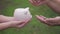 Mother and daughter child putting coins into piggy bank. Woman holds piggy bank while girl puts coins inside outdoor