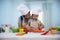 Mother and daughter cooking togather for making salad