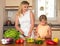 Mother and daughter cooking together, help children to parents. Healthy domestic food concept.