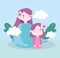 Mother with daughter flowers clouds and leaves vector design