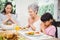 Mother and daughter with granny praying at dining table