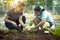 Mother and daughter happiness emotion planting organic vegetable