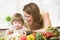 Mother and daughter in kitchen making a salad