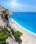 Mother and daughter lonely on summer white Egremni beach on Ionian Sea