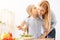 Mother and daughter making salad