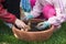 Mother and daughter planting tulips