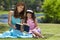 Mother and Daughter Reading Book Together Outside