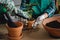 Mother and daughter repotting plants together at home garden