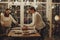 Mother and daughter setting festive Christmas table together at cozy decorated rustic farmhouse