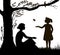 Mother and daughter silhouette, young woman is sitting under the tree and girl is trying to catch butterfly, family