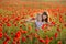 Mother and daughter smiling in a poppy field. The Picnic in the poppy field. Walk with family in poppy field. The cart poppies