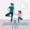 A mother and daughter stand in a tree pose and record a video yoga lesson on their smartphone. Yoga with kids. The