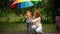 Mother and daughter stand under rainbow umbrellas