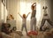 Mother and daughter stretch themselves after waking up in the