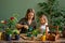 Mother and daughter take care of green plants in the room of the house, replant and lead a healthy lifestyle, spend home leisure