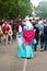 Mother and daughter with their backs turned dressed in traditional Madrid costume of 