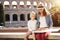 Mother and daughter travellers in Rome, Italy looking at pizza