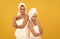 mother and daughter use collagen golden eye patch in terry towel, skincare beauty