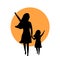 Mother and daughter walking together silhouette back side view silhouette