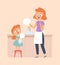 Mother and daughter washing dish. Homework, family cleaning house. Cute baby girl and smiling woman vector illustration