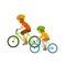 Mother and daughter, woman and child riding bicycle together, healthy active family doing sport exercises